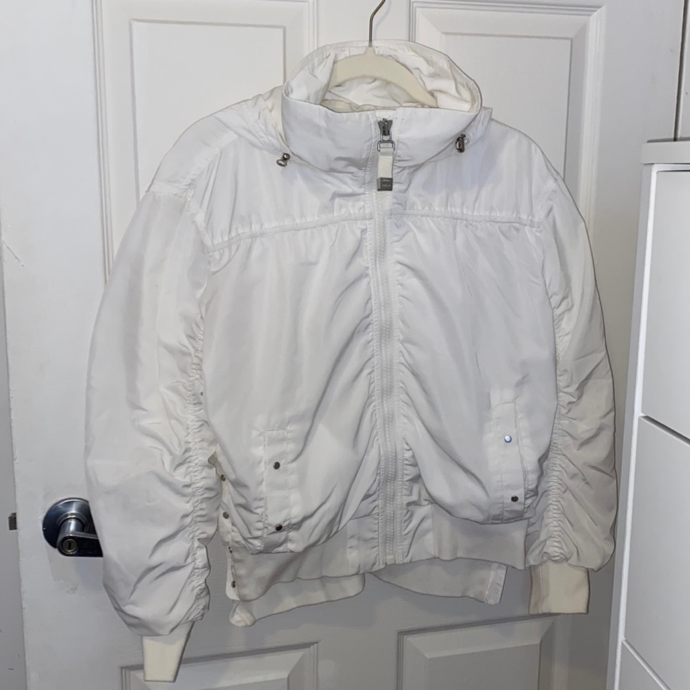 Athleta - white water resistant bomber jacket with hood (women’s medium)
